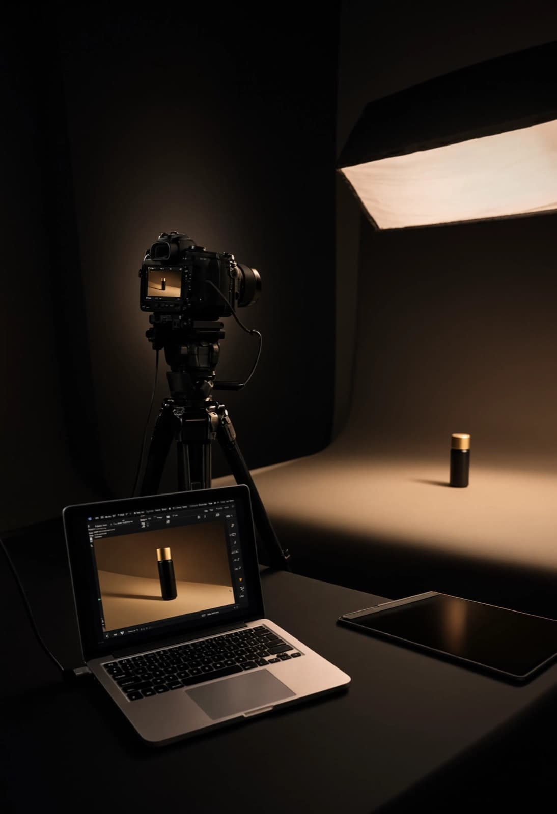 Produktshooting im dunklen Studio: getetherte Kamera, Laptop, Produkt auf dem Sweep
